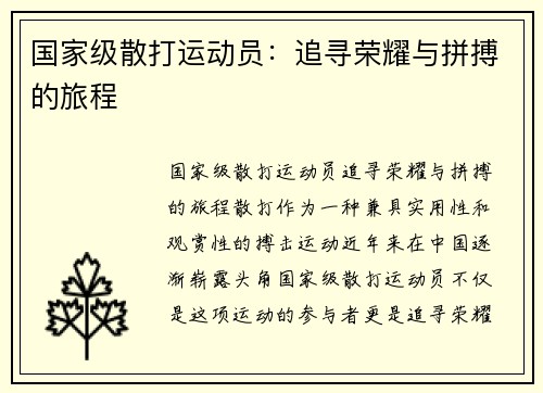 国家级散打运动员：追寻荣耀与拼搏的旅程